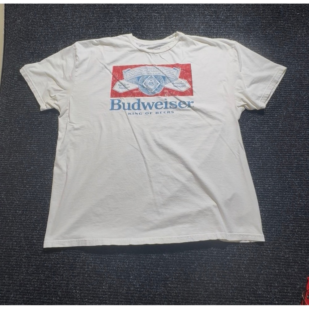Budweiser Men XXL White Graphic T-Shirt King of Beers Logo Cotton Tee Distressed